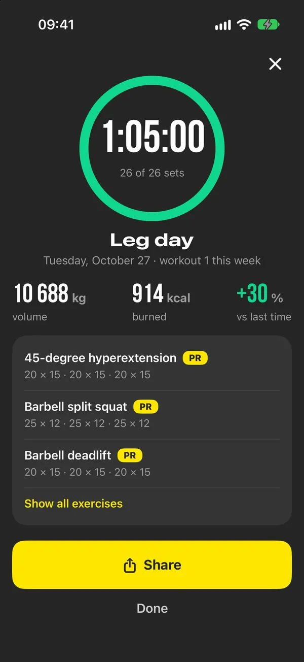 Workout summary: volume, calories and records